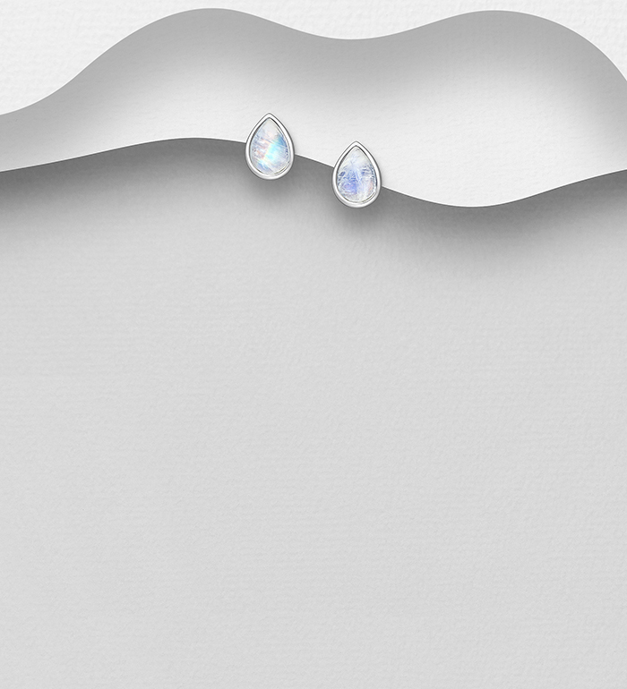 Wholesale 925 Sterling Silver Droplet Push-Back Earrings, Decorated with Rainbow Moonstone - SKU #781-6869