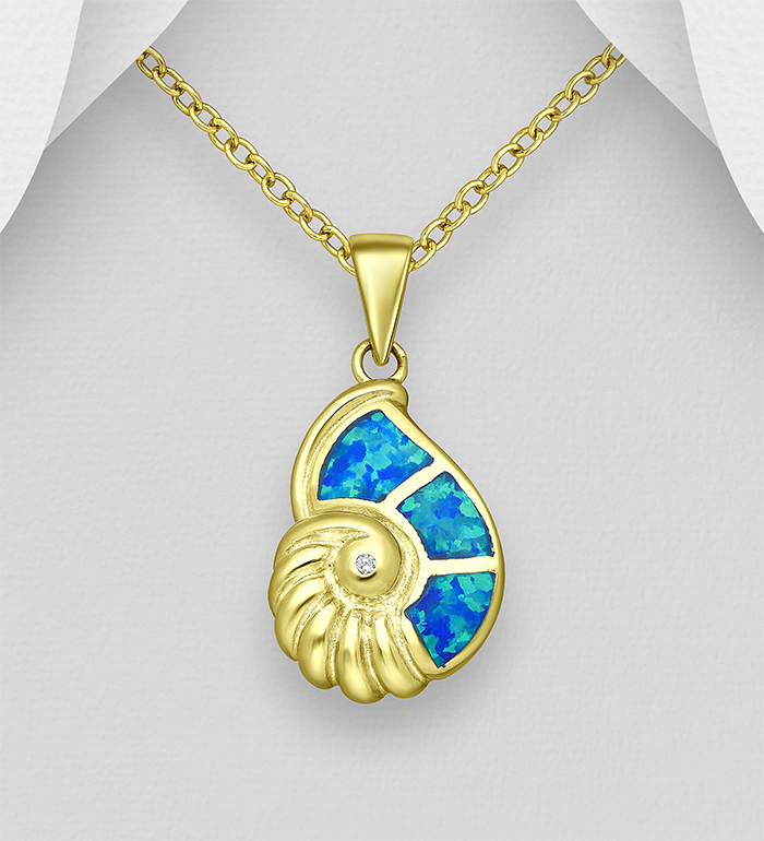 Wholesale 925 Sterling Silver Shell Pendant, Decorated with CZ Simulated Diamond, Lab-Created Opal and Plated with 1 Micron 14K Yellow Gold - SKU #1535-1316