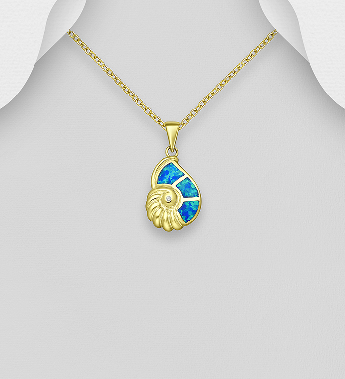 Wholesale 925 Sterling Silver Shell Pendant, Decorated with CZ Simulated Diamond, Lab-Created Opal and Plated with 1 Micron 14K Yellow Gold - SKU #1535-1316