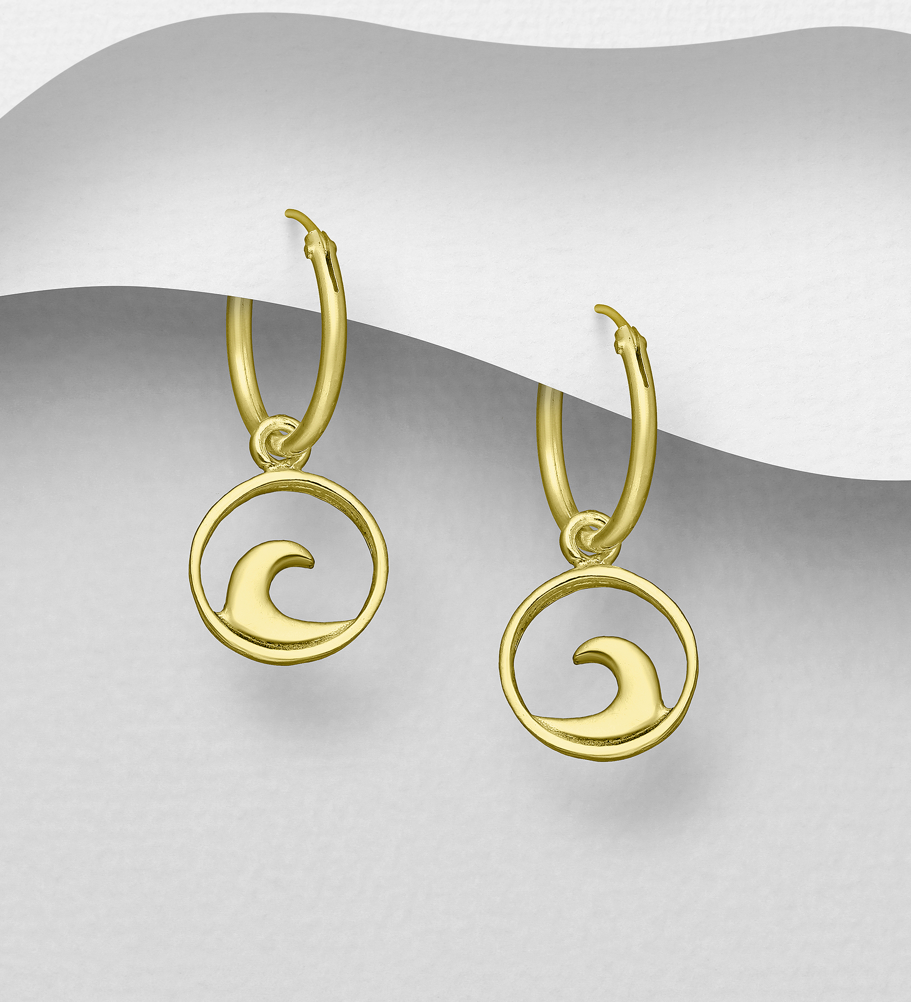 Wholesale 925 Sterling Silver Wave Hoop Earrings Plated with 1 Micron 14K Yellow Gold - SKU #1535-1326