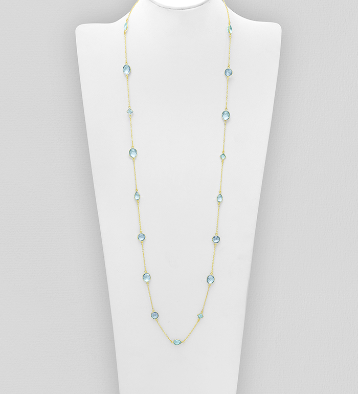 Desire by 7K - Wholesale 925 Sterling Silver Long Necklace, Decorated with Lab-Created Sky-Blue Topaz, Plated with 0.3 Micron 18K Yellow Gold - SKU #2070-39B