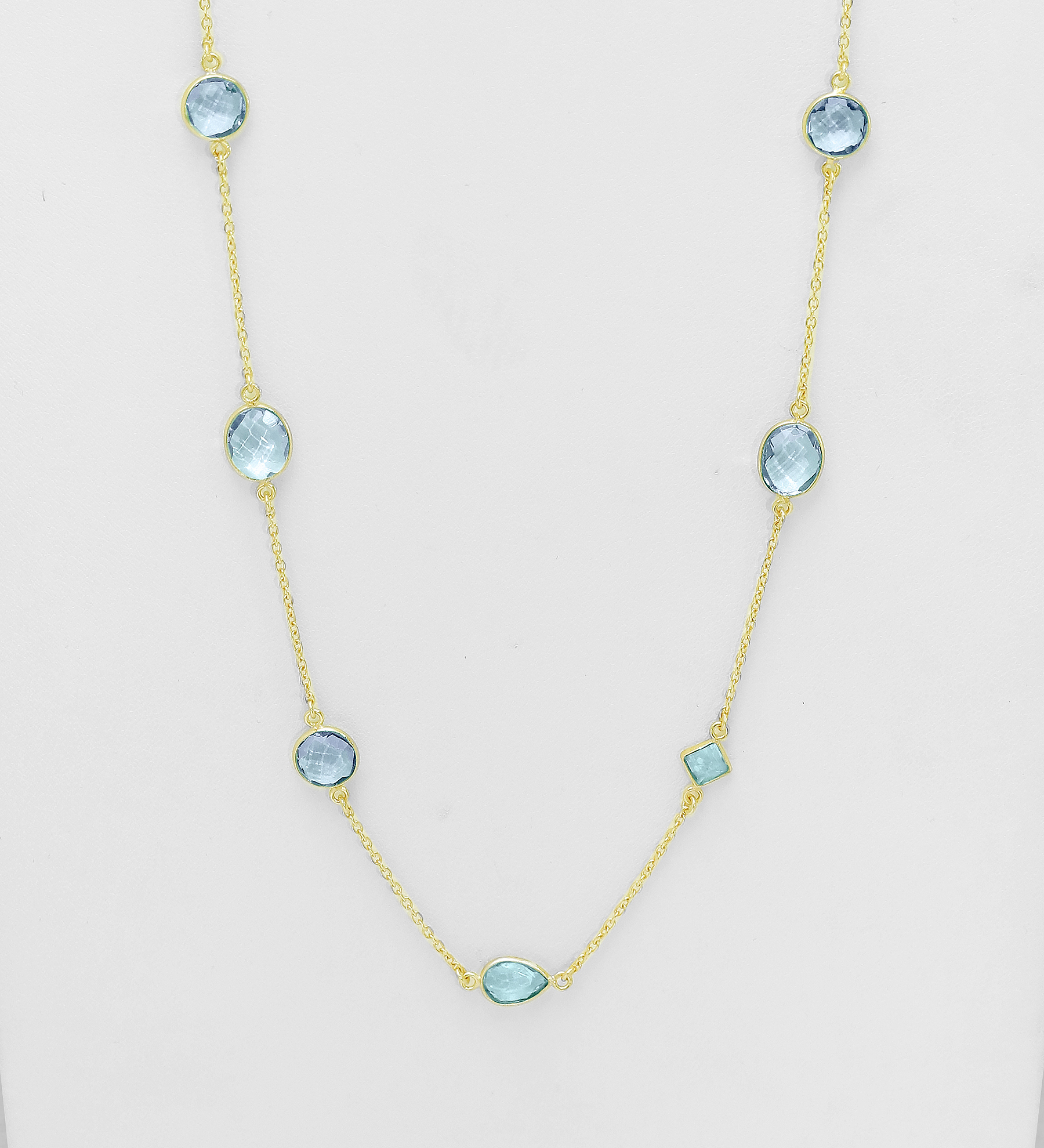 Desire by 7K - Wholesale 925 Sterling Silver Long Necklace, Decorated with Lab-Created Sky-Blue Topaz, Plated with 0.3 Micron 18K Yellow Gold - SKU #2070-39B