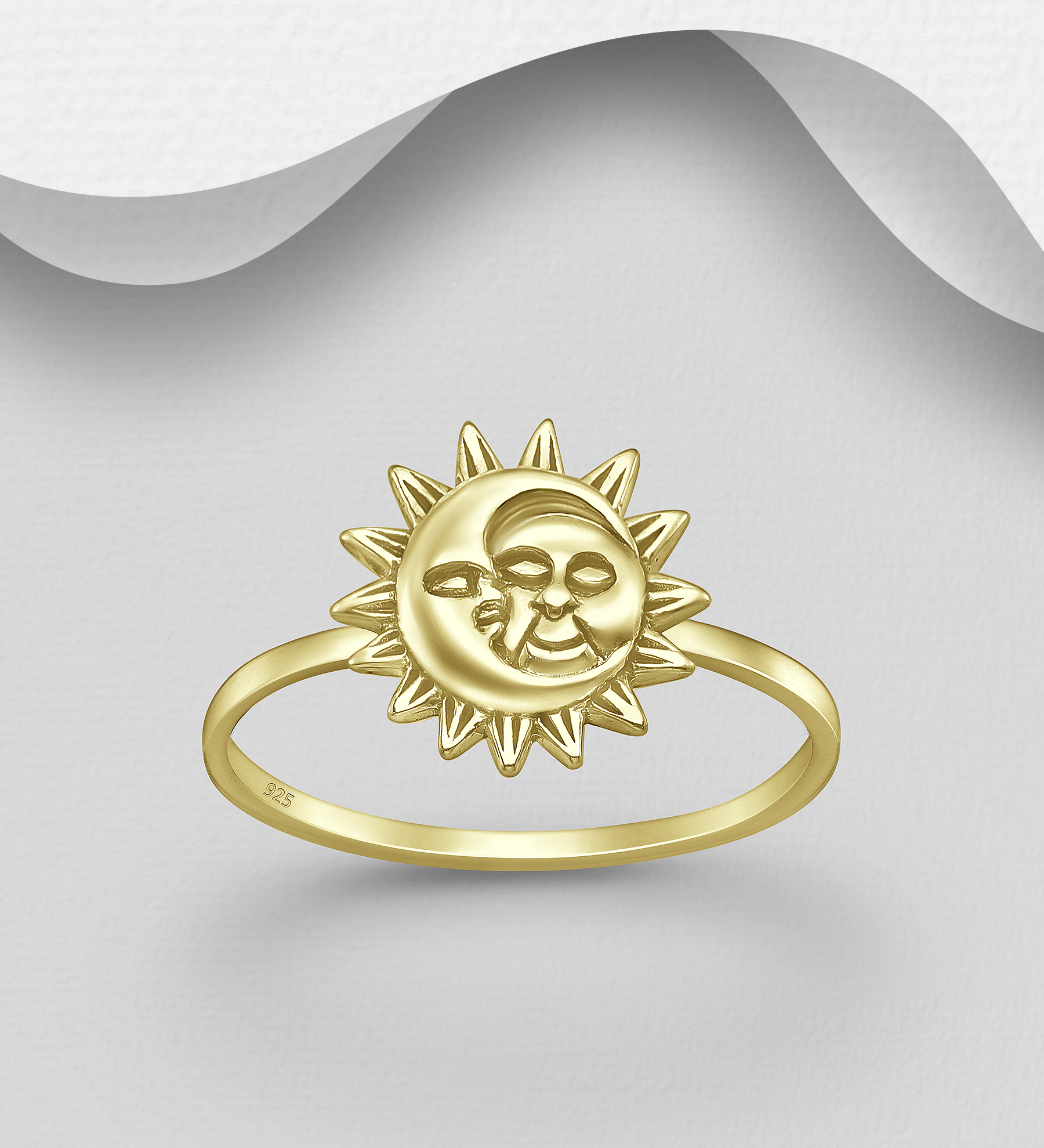 Wholesale 925 Sterling Silver Moon and Sun Ring, Plated with 1 Micron 14K Yellow Gold - SKU #1535-1338