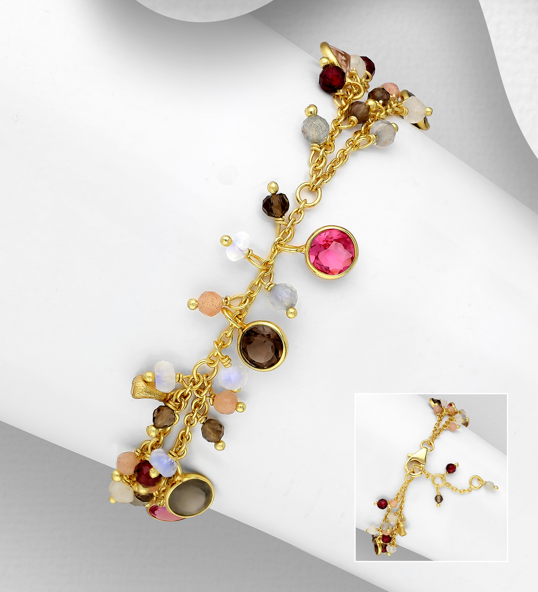 Desire by 7K - Wholesale 925 Sterling Silver Bracelet, Decorated with Lab-Created Morganite, Lab-Created Pink Tourmaline, Garnet, Grey Moonstone, Labradorite, Peach Moonstone, Rainbow Moonstone and Smoky Quartz. Plated with 0.3 Micron 18K Yellow Gold - SKU #2070-44B