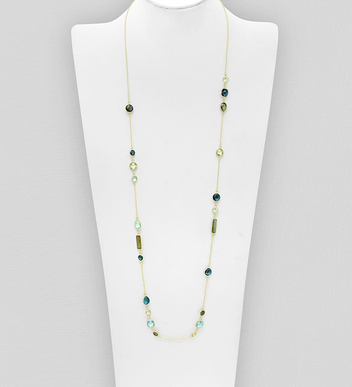 Desire by 7K - Wholesale 925 Sterling Silver Long Necklace, Decorated with Lab-Created lolite, Lab-Created Sky-Blue Topaz, Green Amethyst and Labradorite, Plated with 0.3 Micron 18K Yellow Gold - SKU #2070-45