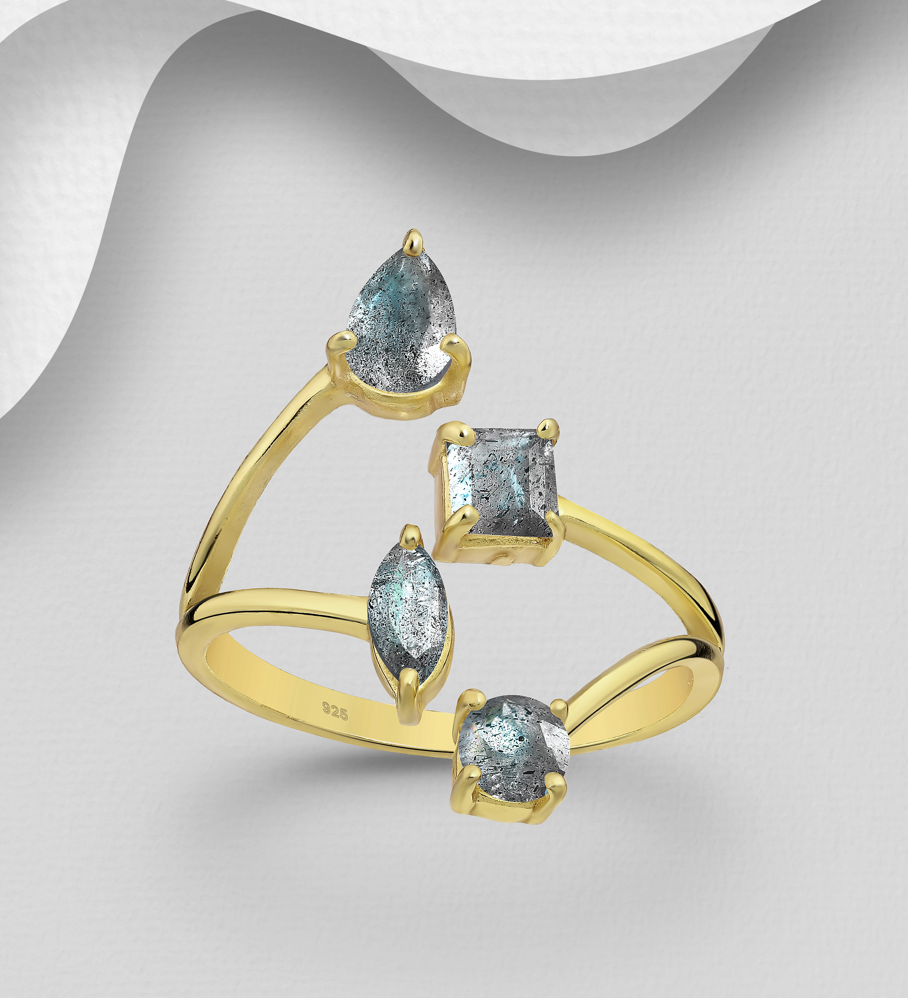 Desire by 7K - Wholesale 925 Sterling Silver Adjustable Ring, Decorated with Labradorite, Plated with 0.3 Micron 18K Yellow Gold - SKU #2070-53A