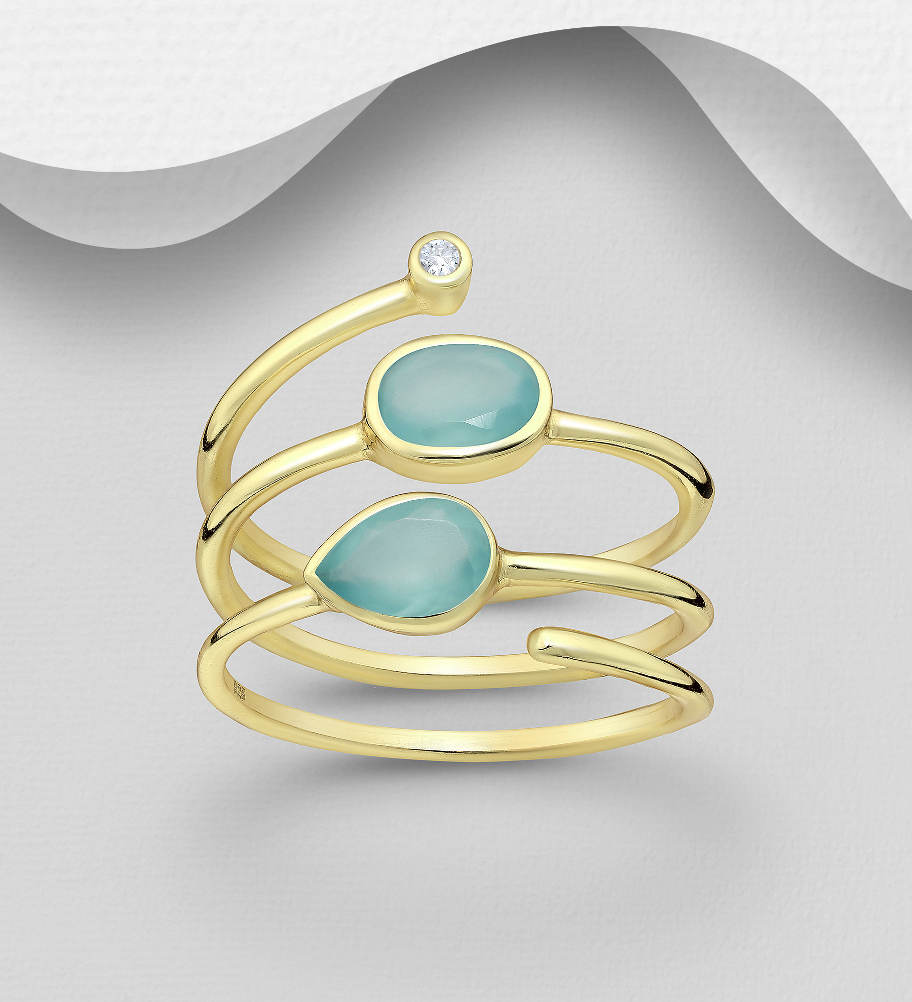 Desire by 7K - Wholesale 925 Sterling Silver Ring, Decorated with Lab-Created Aqua Chalcedony, Plated with 0.3 Micron 18K Yellow Gold - SKU #2070-55