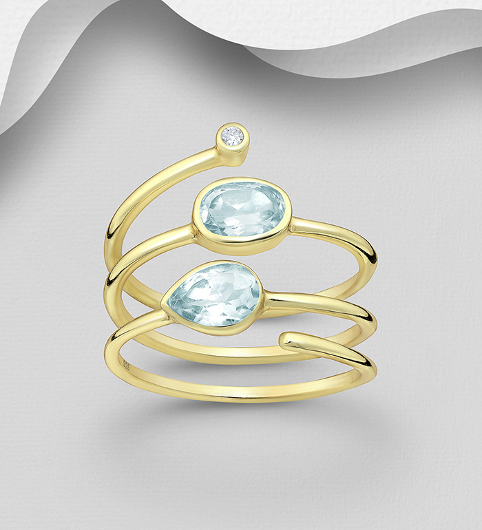 Desire by 7K - Wholesale 925 Sterling Silver Adjustable Ring, Decorated with Sky-Blue Topaz, Plated with 0.3 Micron 18K Yellow Gold - SKU #2070-55A