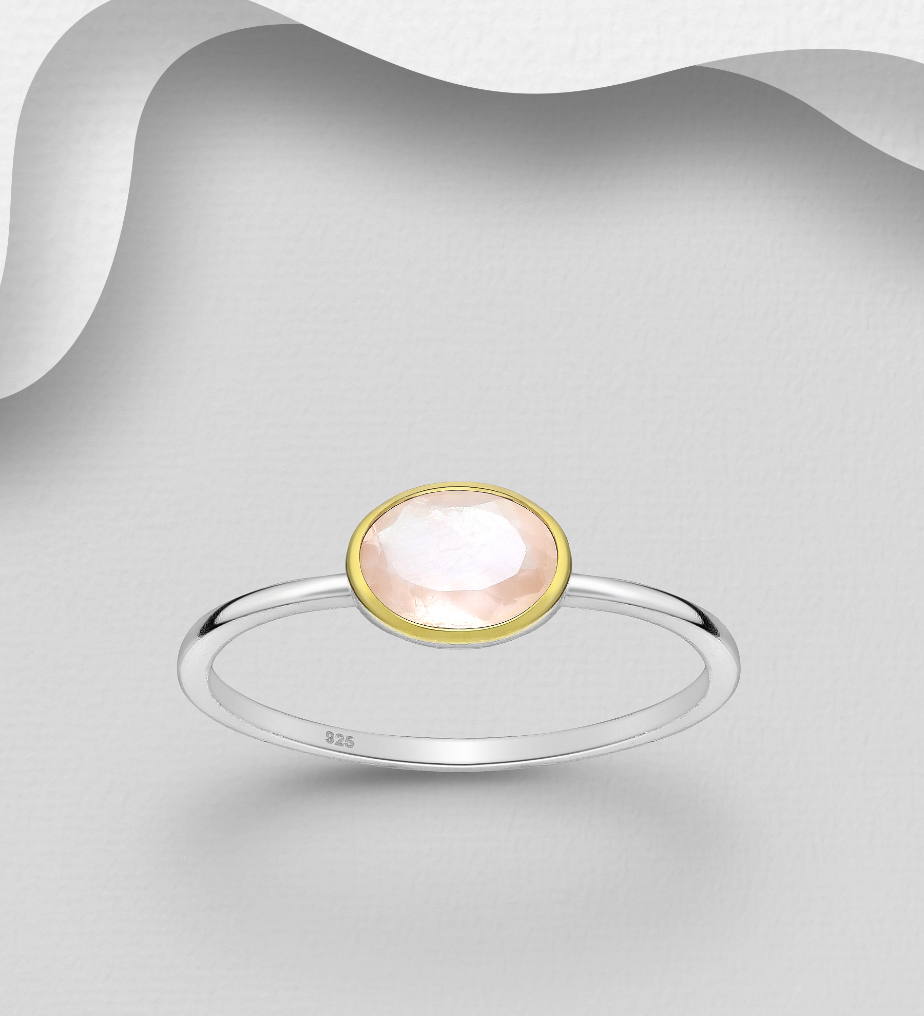 Desire by 7K - Wholesale 925 Sterling Silver Solitaire Ring, Decorated with Rose Quartz, Bezel Plated with 0.3 Micron 18K Yellow Gold - SKU #2070-68E