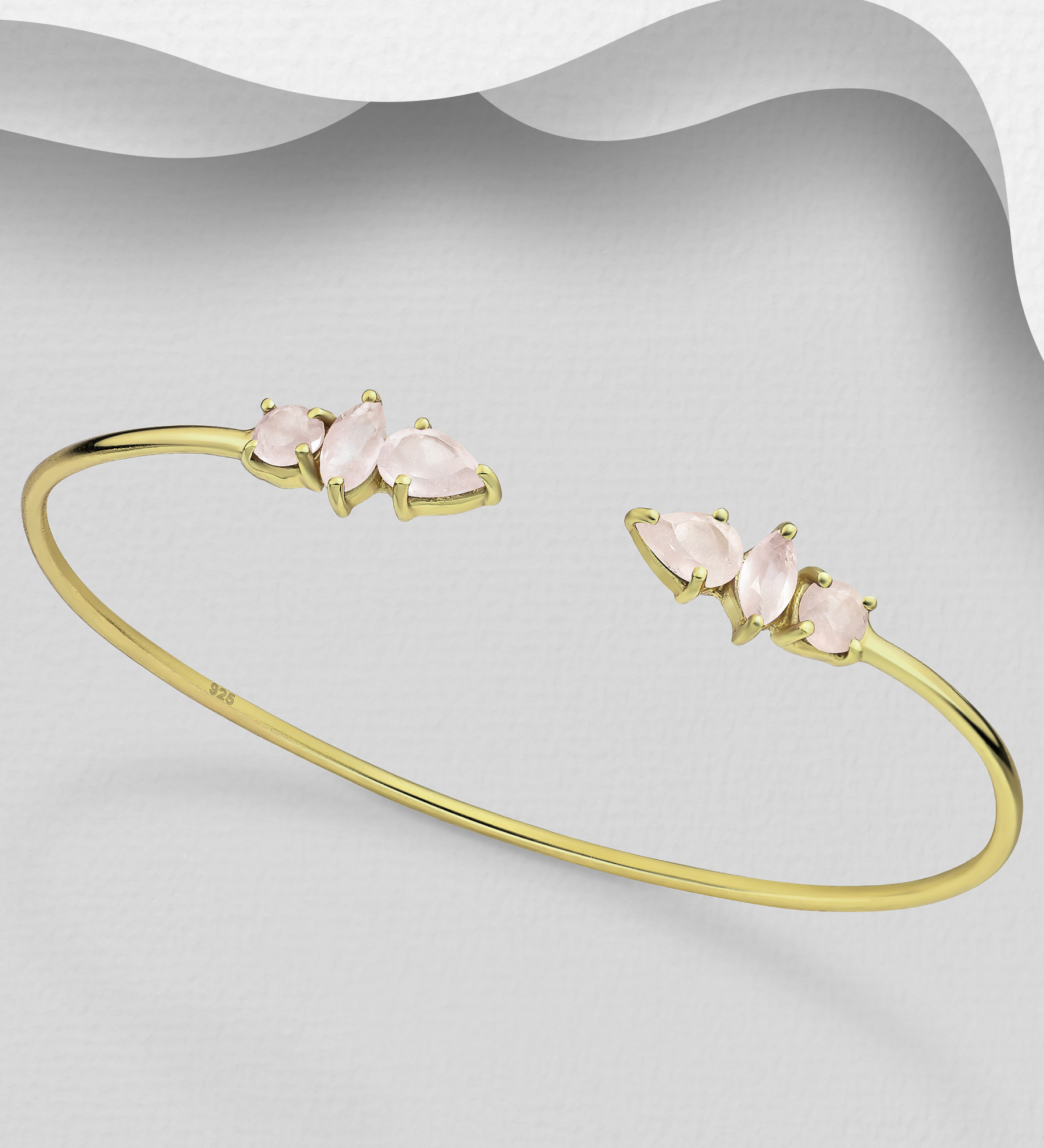 Desire by 7K - Wholesale 925 Sterling Silver Solitaire Cuff Bracelet, Decorated with Rose Quartz, Bezel Plated with 0.3 Micron 18K Yellow Gold - SKU #2070-70B