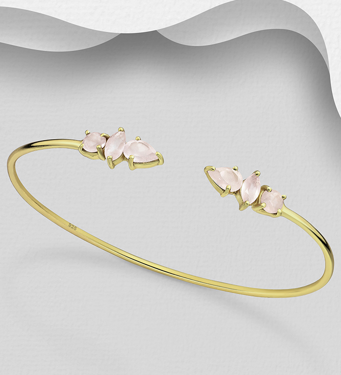 Desire by 7K - Wholesale 925 Sterling Silver Solitaire Cuff Bracelet, Decorated with Rose Quartz, Bezel Plated with 0.3 Micron 18K Yellow Gold - SKU #2070-70B