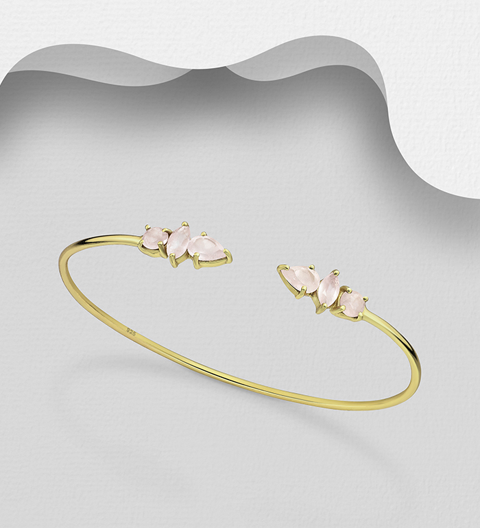 Desire by 7K - Wholesale 925 Sterling Silver Solitaire Cuff Bracelet, Decorated with Rose Quartz, Bezel Plated with 0.3 Micron 18K Yellow Gold - SKU #2070-70B