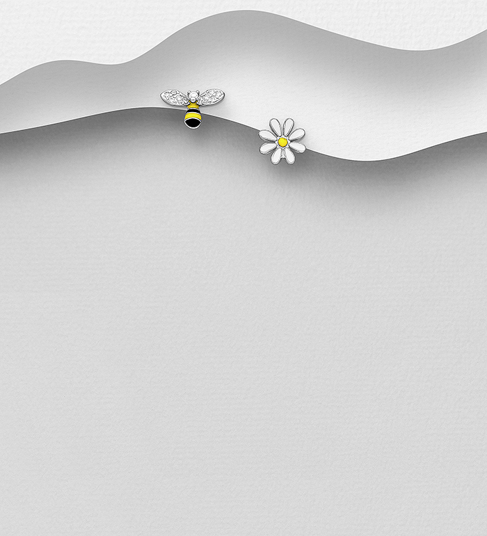 701-26006 - Wholesale 925 Sterling Silver Bee and Flower Push-Back Earrings, Decorated with Colored Enamel and CZ Simulated Diamonds