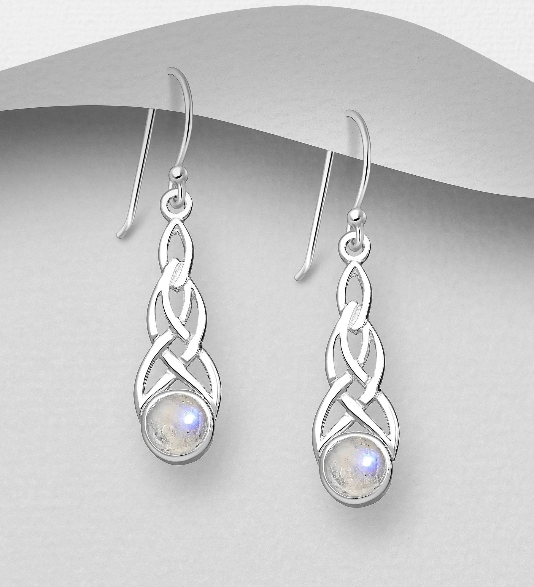 Wholesale 925 Sterling Silver Celtic Hook Earrings, Decorated with Rainbow Moonstone - SKU #781-6884