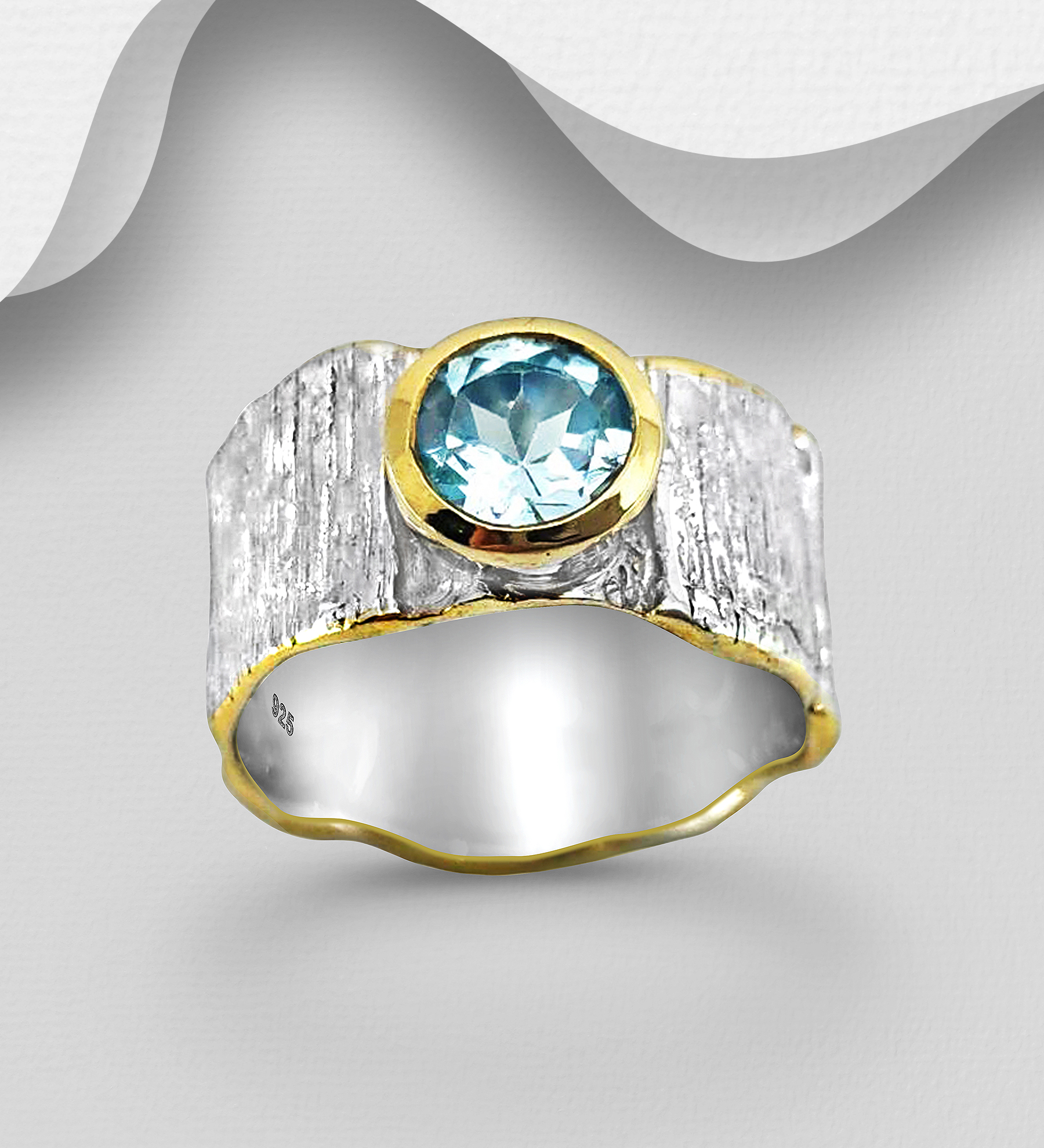 ADIORE JEWELS - Wholesale 925 Sterling Silver Ring, Decorated with Sky-Blue Topaz, Plated with 3 Micron 22K Yellow Gold - SKU #1916-420