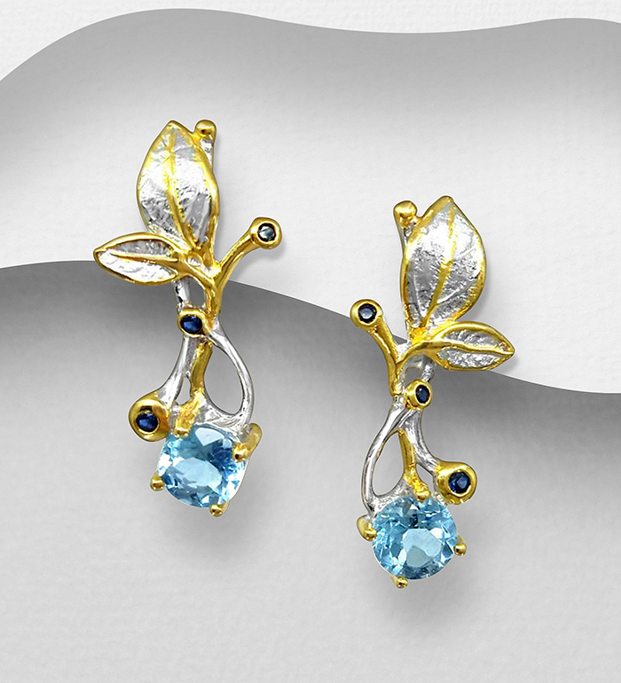 ADIORE JEWELS - Wholesale 925 Sterling Silver Push-Back Earrings, Decorated with Blue Sapphire and Sky-Blue Topaz, Plated with 3 Micron 22K Yellow Gold - SKU #1916-422