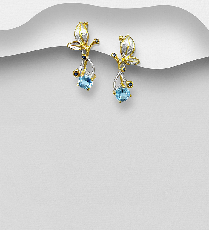 ADIORE JEWELS - Wholesale 925 Sterling Silver Push-Back Earrings, Decorated with Blue Sapphire and Sky-Blue Topaz, Plated with 3 Micron 22K Yellow Gold - SKU #1916-422