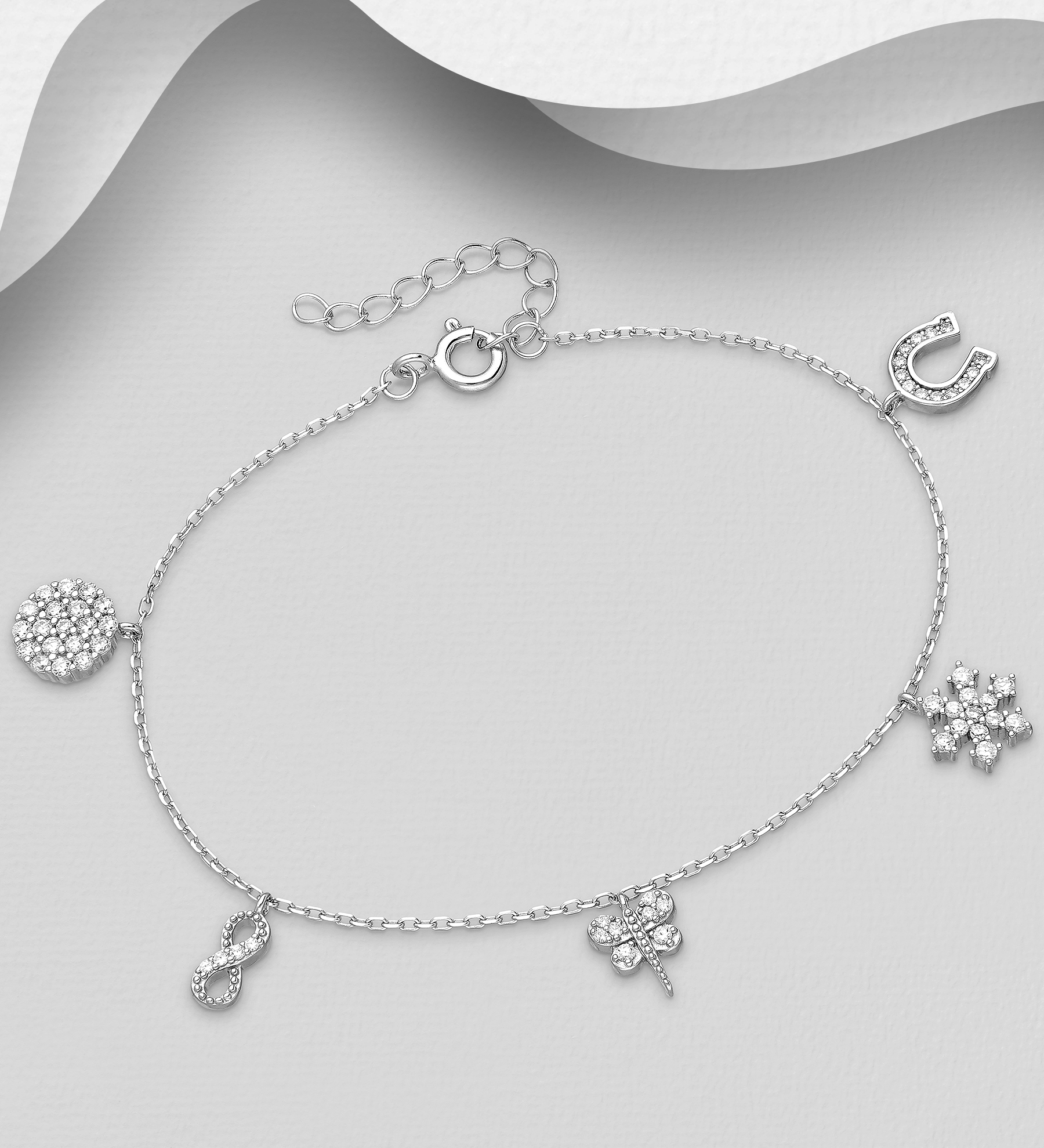 Wholesale 925 Sterling Silver Bracelet Featuring Dragonfly, Horseshoe and Infinity, Decorated with CZ Simulated Diamonds - SKU #701-26103