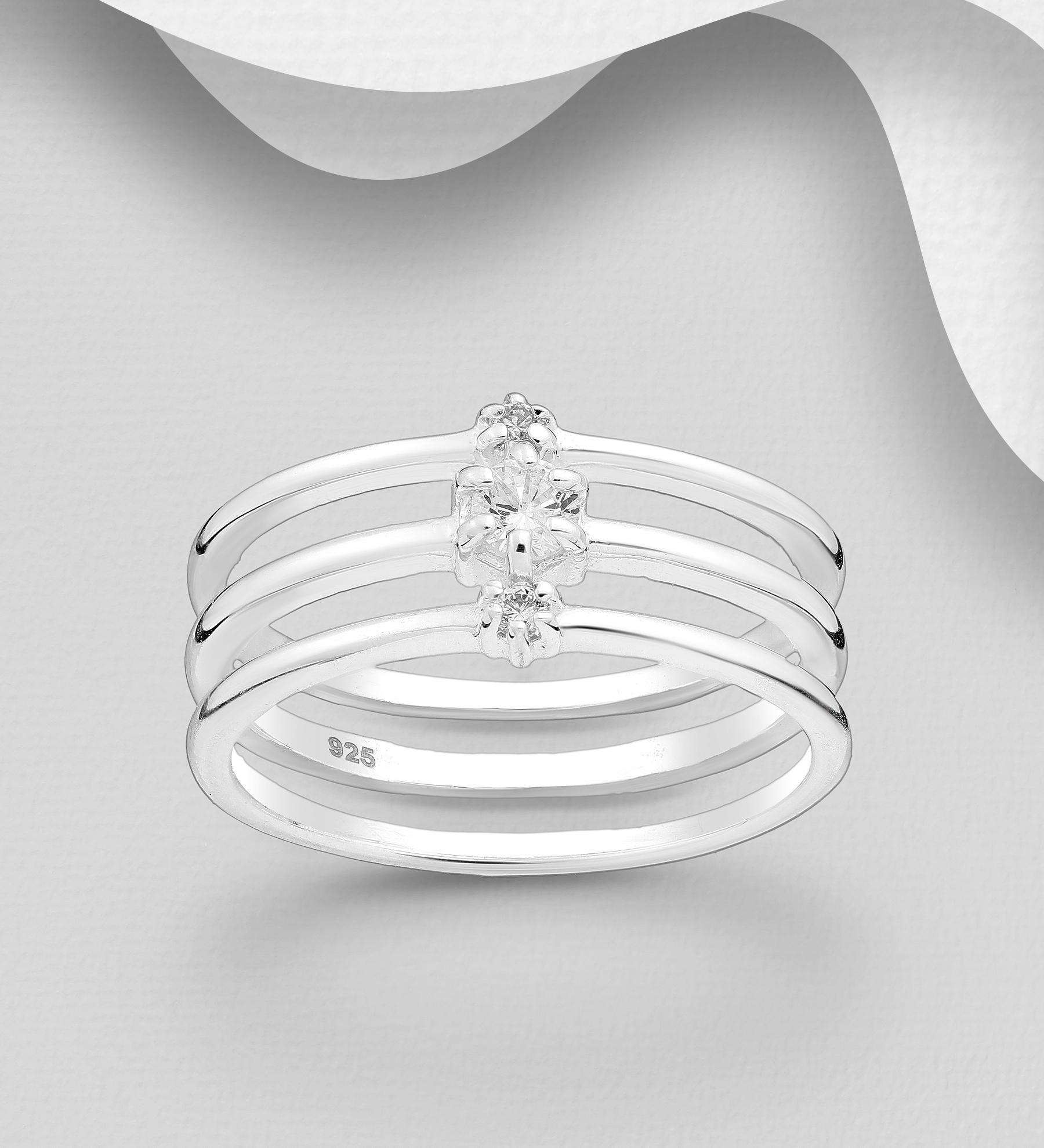 Wholesale 925 Sterling Silver Layered Ring, Decorated with CZ Simulated Diamonds - SKU #1063-3535