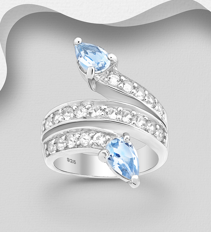 La Preciada - Wholesale 925 Sterling Silver Ring, Decorated with CZ Simulated Diamonds and Sky-Blue Topaz - SKU #1181-4436