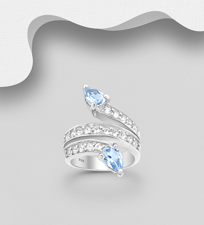 La Preciada - Wholesale 925 Sterling Silver Ring, Decorated with CZ Simulated Diamonds and Sky-Blue Topaz - SKU #1181-4436