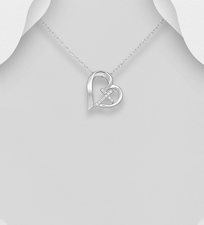 Wholesale 925 Sterling Silver Cross Pendant Featuring Heart, Decorated with CZ Simulated Diamonds - SKU #701-26252