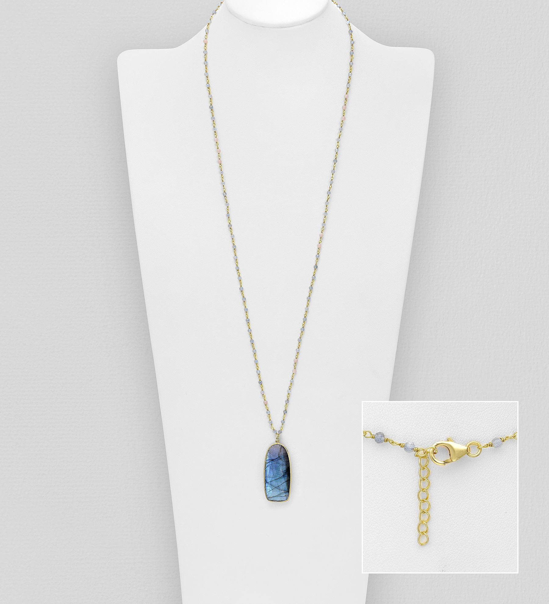 Desire by 7K - Wholesale 925 Sterling Silver Necklace, Decorated with Labradorite, Peach Moonstone, Plated with 0.3 Micron 18K Yellow Gold - SKU #2070-65F
