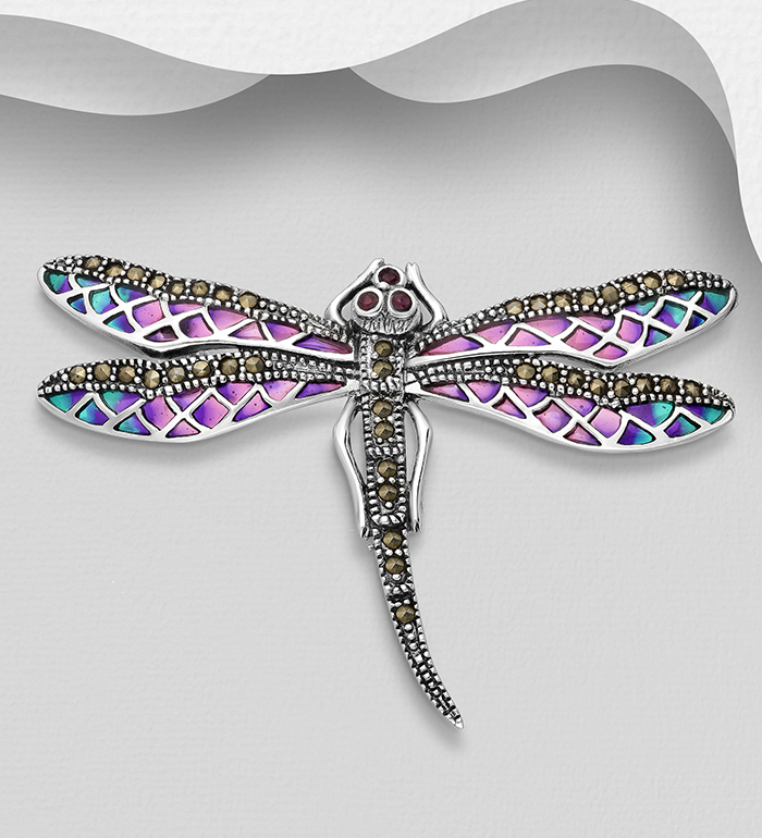 Wholesale 925 Sterling Silver Dragonfly Brooch Pendant, Decorated with Colored Enamel, Marcasite and Ruby - SKU #565-6972