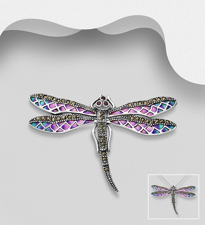 Wholesale 925 Sterling Silver Dragonfly Brooch Pendant, Decorated with Colored Enamel, Marcasite and Ruby - SKU #565-6972