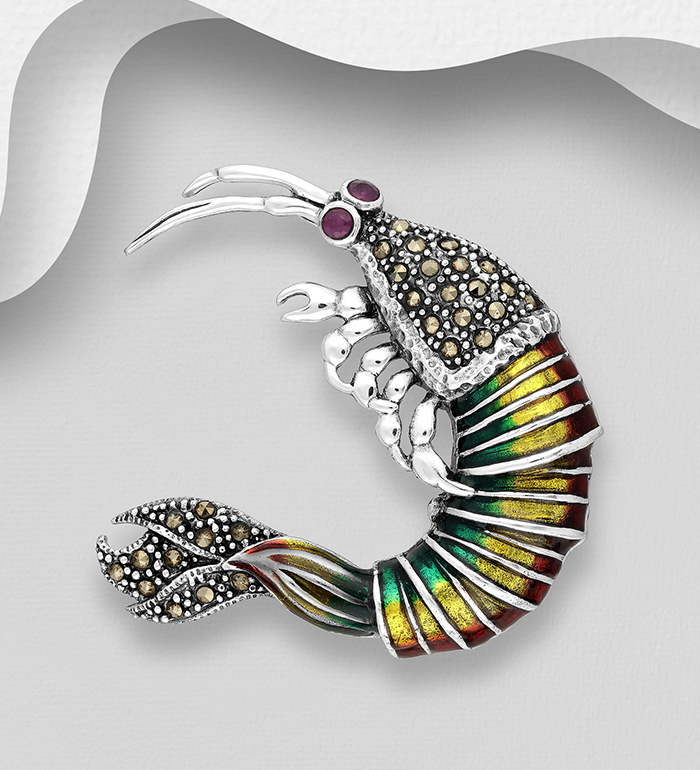 Wholesale 925 Sterling Silver Shrimp Brooch Pendant, Decorated with Colored Enamel, Marcasite and Ruby - SKU #565-6973