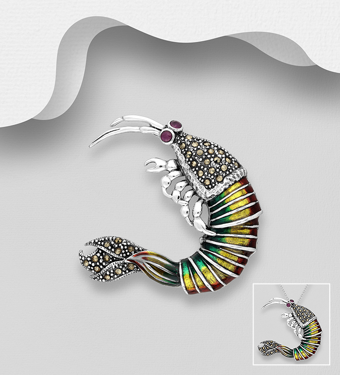 Wholesale 925 Sterling Silver Shrimp Brooch Pendant, Decorated with Colored Enamel, Marcasite and Ruby - SKU #565-6973