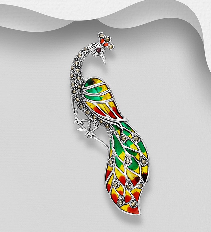 Wholesale 925 Sterling Silver Peacock Brooch Pendant, Decorated with Colored Enamel, Marcasite and Ruby - SKU #565-6974