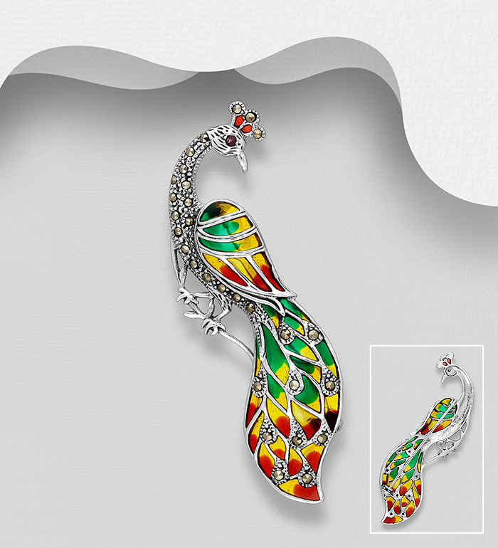 Wholesale 925 Sterling Silver Peacock Brooch Pendant, Decorated with Colored Enamel, Marcasite and Ruby - SKU #565-6974