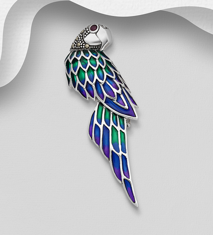 Wholesale 925 Sterling Silver Bird Brooch Pendant, Decorated with Colored Enamel, Gemstones and Marcasite - SKU #565-6977