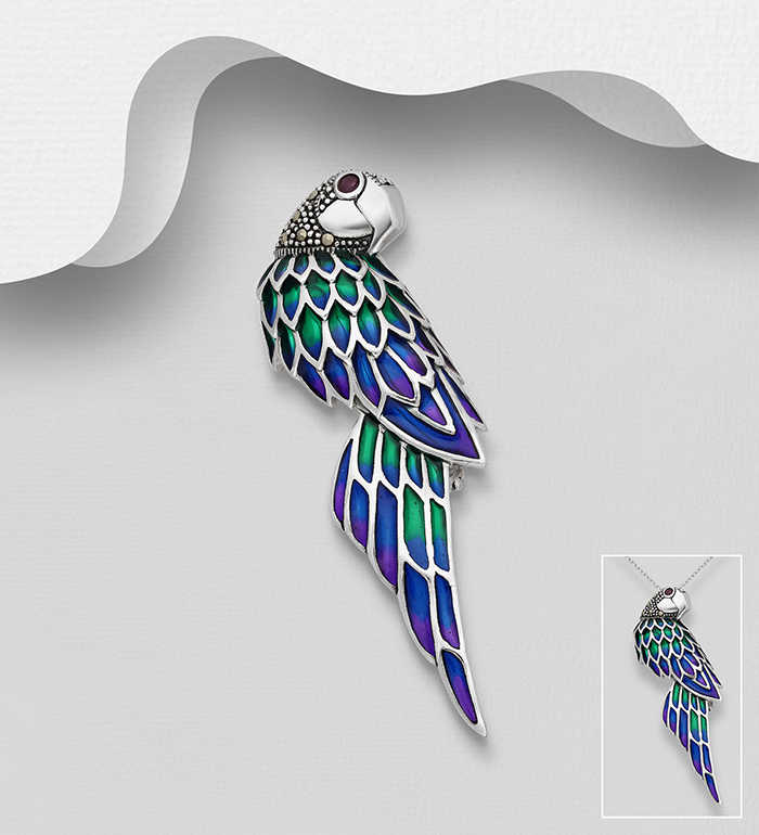 Wholesale 925 Sterling Silver Bird Brooch Pendant, Decorated with Colored Enamel, Gemstones and Marcasite - SKU #565-6977