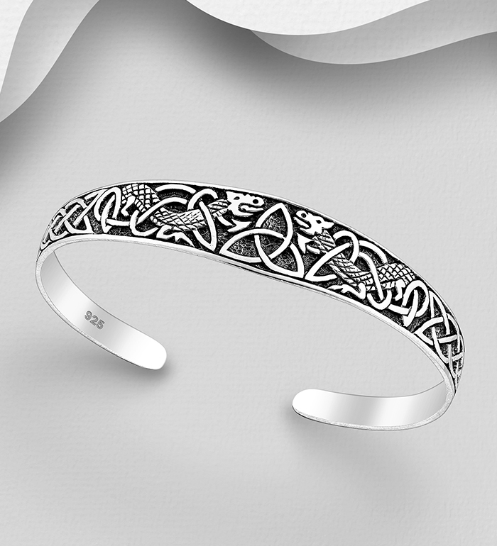 Wholesale 925 Sterling Silver Oxidized Celtic Dragon Cuff - SKU #767-1534