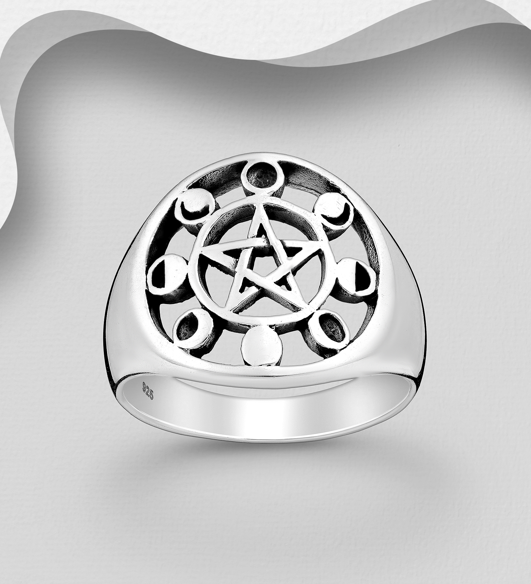 Wholesale 925 Sterling Silver Oxidized Lunar Phases and Star Ring - SKU #706-34580