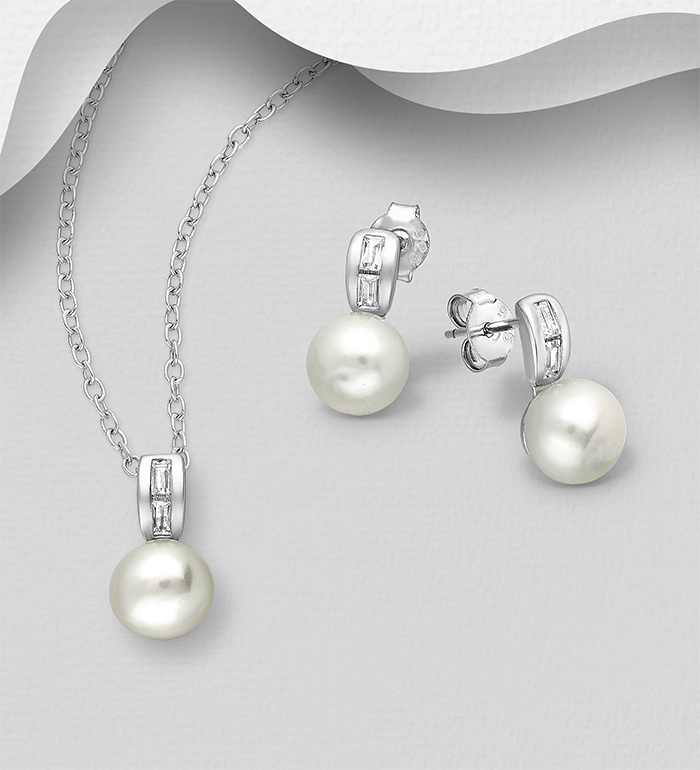 Wholesale 925 Sterling Silver Push-Back Earrings and Pendant Jewelry Set, Decorated with CZ Simulated Diamonds and Freshwater Pearls - SKU #382-5826
