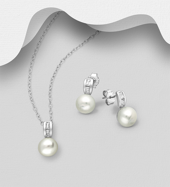 Wholesale 925 Sterling Silver Push-Back Earrings and Pendant Jewelry Set, Decorated with CZ Simulated Diamonds and Freshwater Pearls - SKU #382-5826