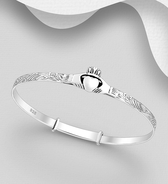 Wholesale 925 Sterling Silver Oxidizied Claddagh Bangle - SKU #767-1541