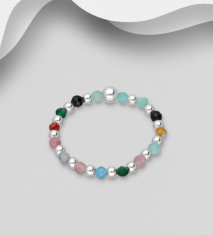 Wholesale 925 Sterling Silver Elastic Ring, Beaded with Various Gemstone Beads, Shape and Size Will Vary - SKU #781-6966