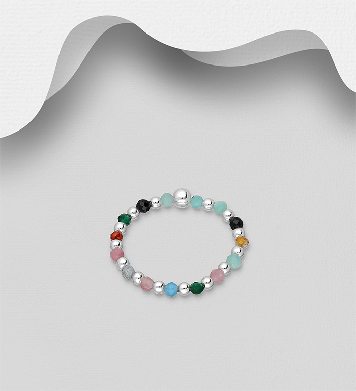 781-6966 - Wholesale 925 Sterling Silver Elastic Ring, Beaded with Various Gemstone Beads, Shape and Size Will Vary