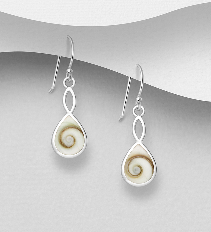 Wholesale 925 Sterling Silver Swirl Droplet Hook Earrings, Decorated with Shiva Shell - SKU #966-614