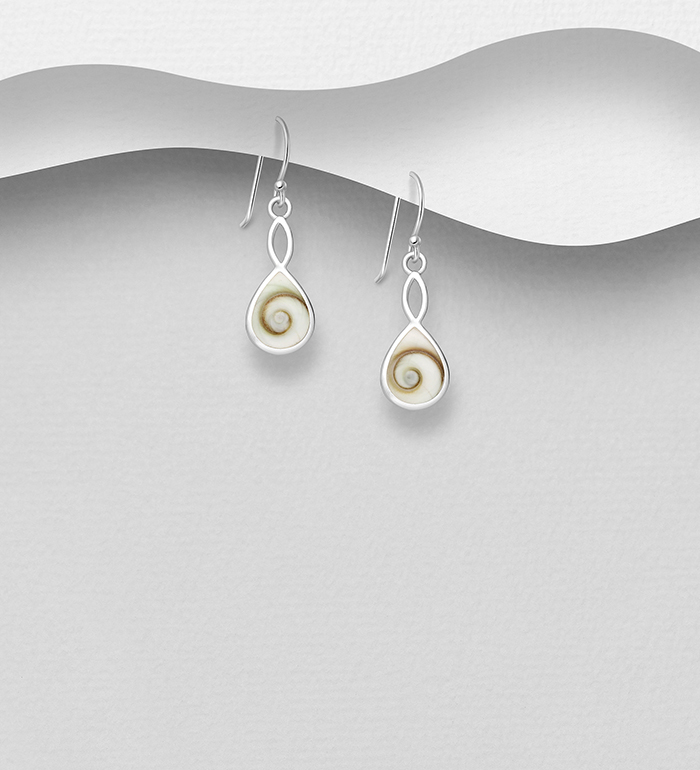 Wholesale 925 Sterling Silver Swirl Droplet Hook Earrings, Decorated with Shiva Shell - SKU #966-614