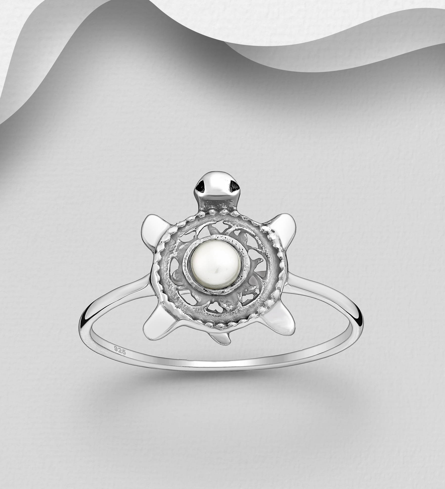 Wholesale 925 Sterling Silver Oxidized Turtle Ring,  Decorated with FreshWater Pearl - SKU #382-5833