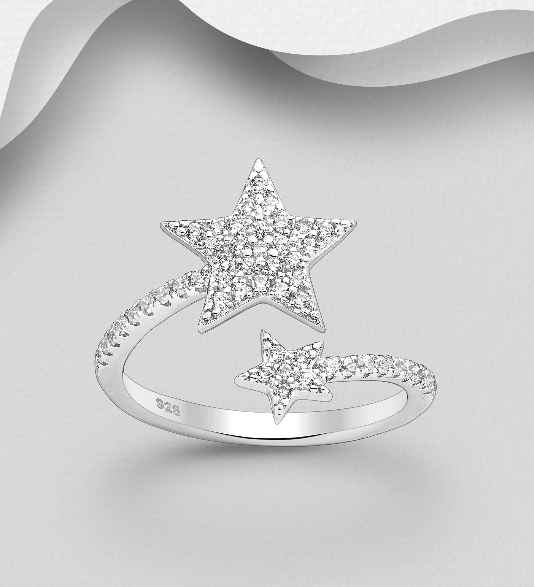 Wholesale 925 Sterling Silver Adjustable Star Ring, Decorated with CZ Simulated Diamonds - SKU #701-26472