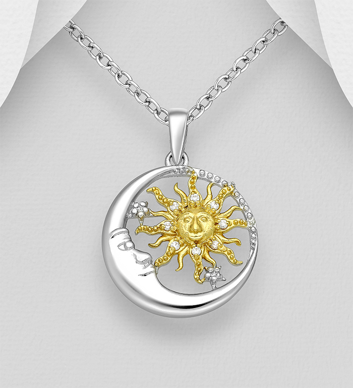Wholesale 925 Sterling Silver Crescent Moon Face Pendant Featuring Sun, Decorated with CZ Simulated Diamonds, Sun is Plated with 1 Micron 18K Yellow Gold - SKU #1063-3652