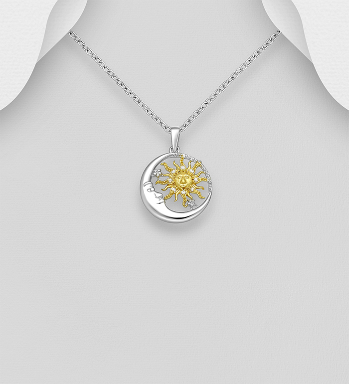 Wholesale 925 Sterling Silver Crescent Moon Face Pendant Featuring Sun, Decorated with CZ Simulated Diamonds, Sun is Plated with 1 Micron 18K Yellow Gold - SKU #1063-3652