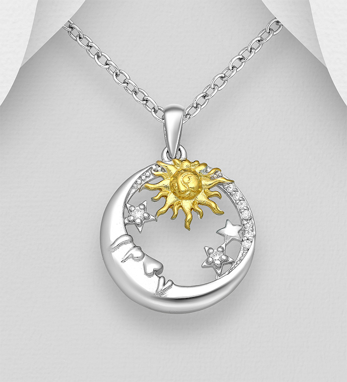 Wholesale 925 Sterling Silver Crescent Moon Face Pendant Featuring Sun, Decorated with CZ Simulated Diamonds, Sun is Plated with 1 Micron 18K Yellow Gold - SKU #1063-3653