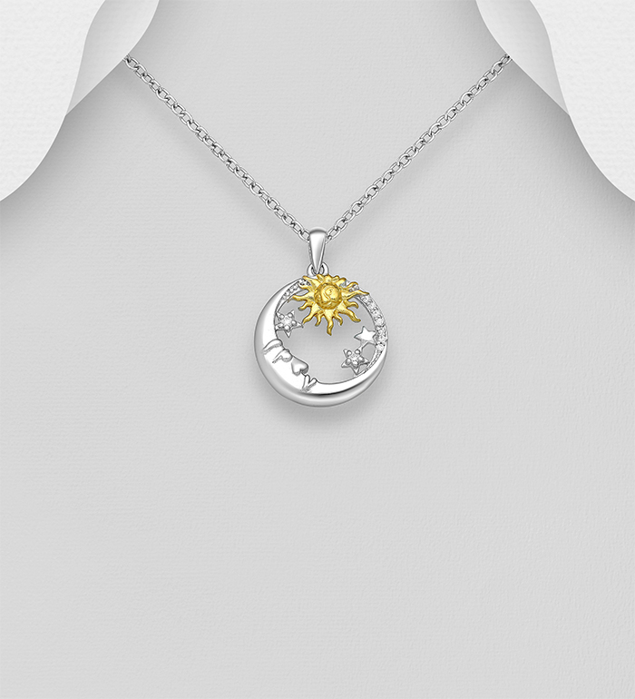 Wholesale 925 Sterling Silver Crescent Moon Face Pendant Featuring Sun, Decorated with CZ Simulated Diamonds, Sun is Plated with 1 Micron 18K Yellow Gold - SKU #1063-3653